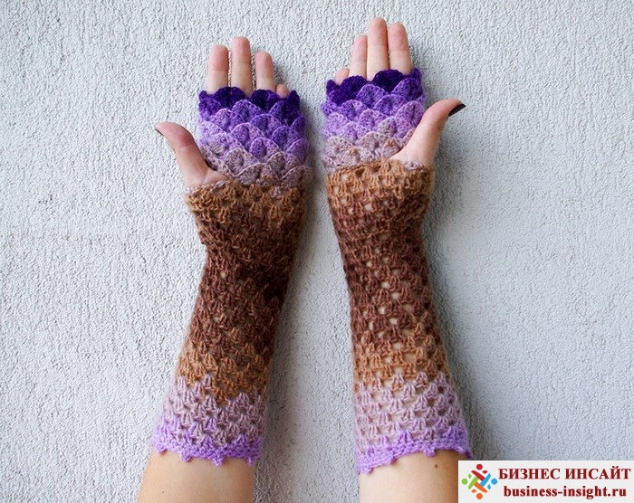 Вязаные перчатки, похожие на чешую дракона